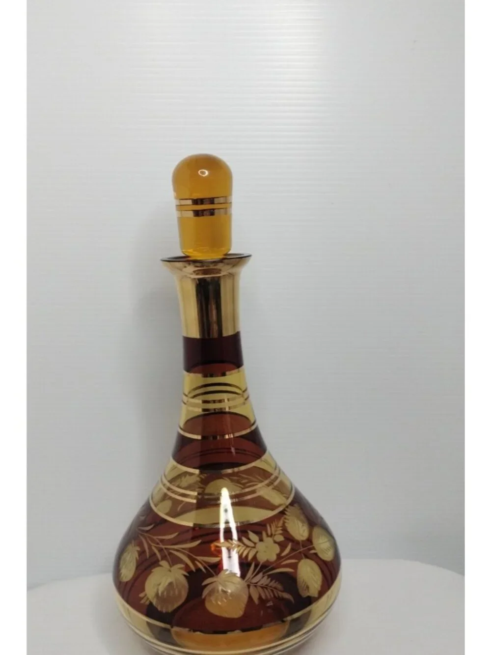 Amber Etched Fruit With Gold Trim Decanter With 6 Set Glasses New